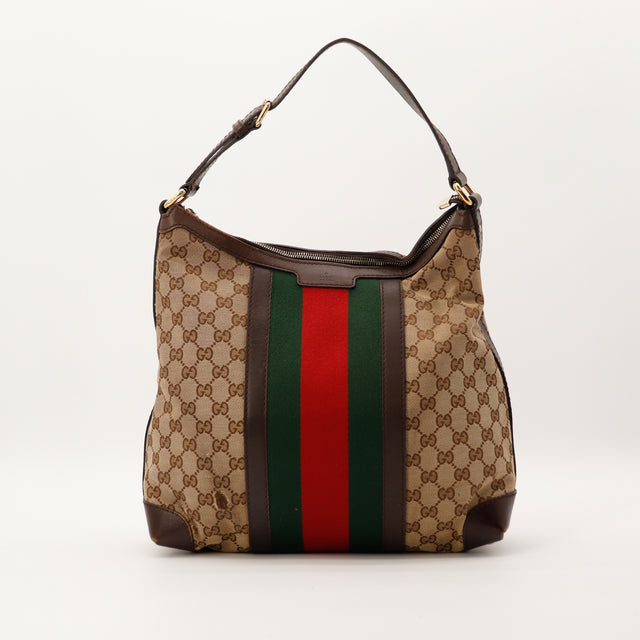Sac Gucci Hobo Web toile GG Canvas bande Web rouge vert vue de face occasion authentique — AMANA Vintage