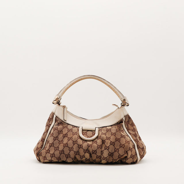 Sac Gucci Hobo toile monogrammée cuir ivoire D-Ring vue de face occasion authentique — AMANA Vintage