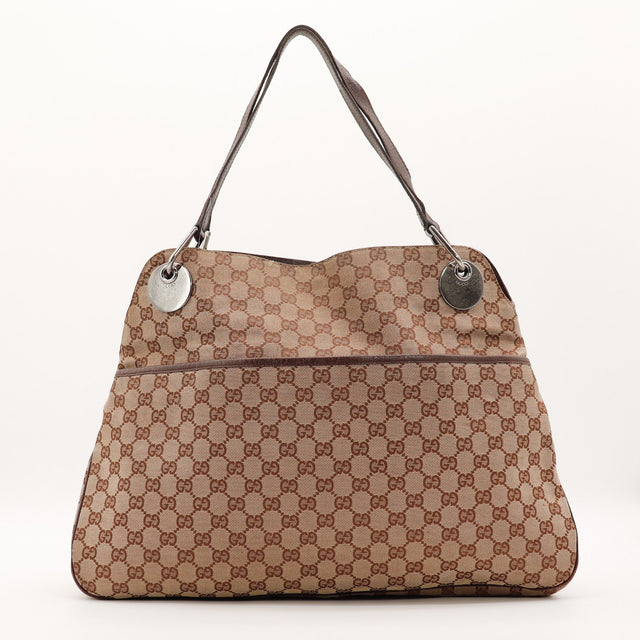 Tote Bag Gucci toile monogrammée beige marron vue de face occasion authentique — AMANA Vintage