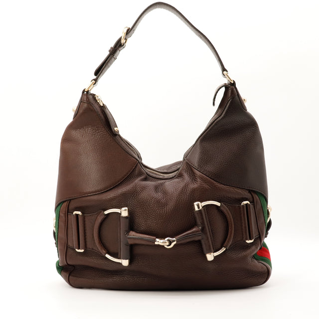 Sac Gucci Hobo Horsebit Heritage cuir grainé marron bande Web vue de face occasion authentique — AMANA Vintage