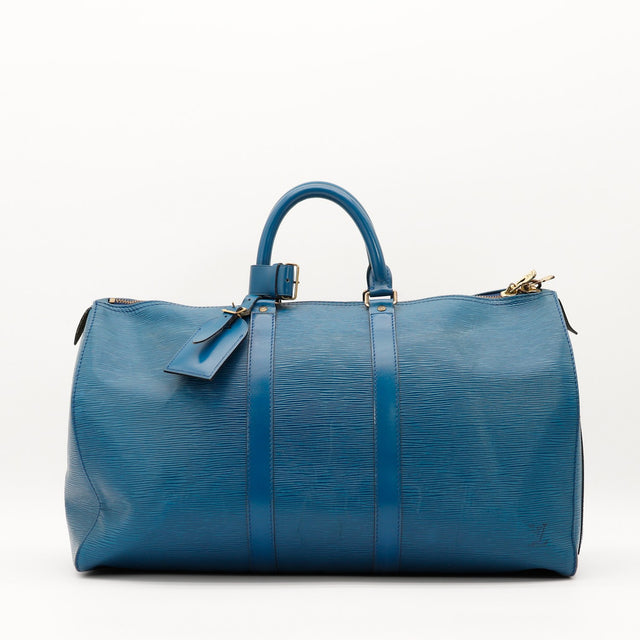 Sac de voyage Louis Vuitton Keepall 50 cuir Épi bleu vue de face occasion authentique — AMANA Vintage