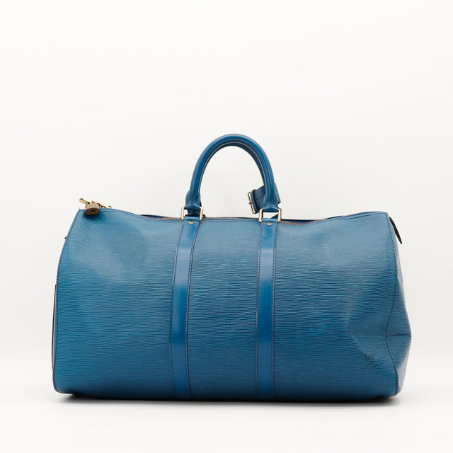 Vue de face Louis Vuitton Keepall 50 Épi bleu face arrière occasion authentique — AMANA Vintage