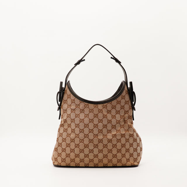 Sac Gucci Hobo GG Canvas beige cuir chocolat vue de face occasion authentique — AMANA Vintage