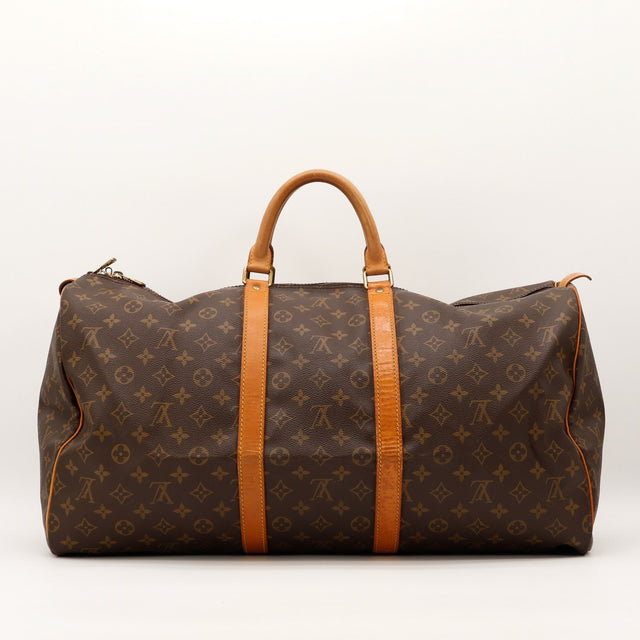 Keepall 55 Louis Vuitton vue de dos toile Monogram patine caramel — AMANA Vintage