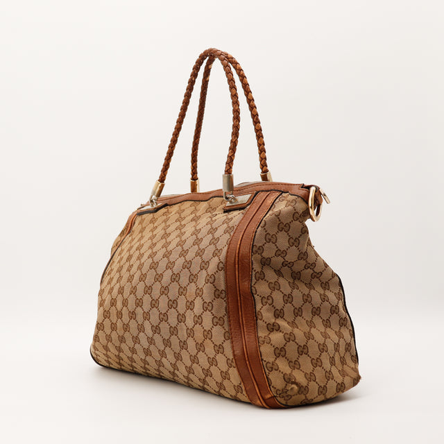 Vue trois quarts arrière Gucci Tote Bag Bella Bamboo grand format beige cognac — AMANA Vintage