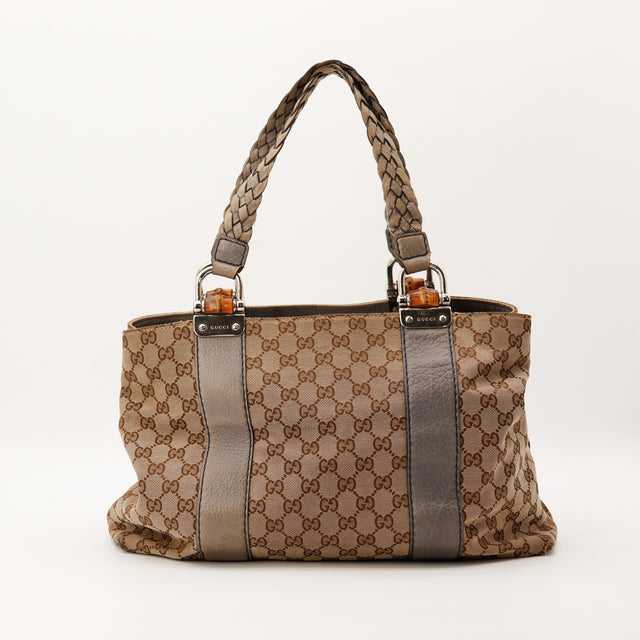 Sac Gucci Tote Bamboo toile GG Canvas beige taupe vue de face occasion authentique — AMANA Vintage