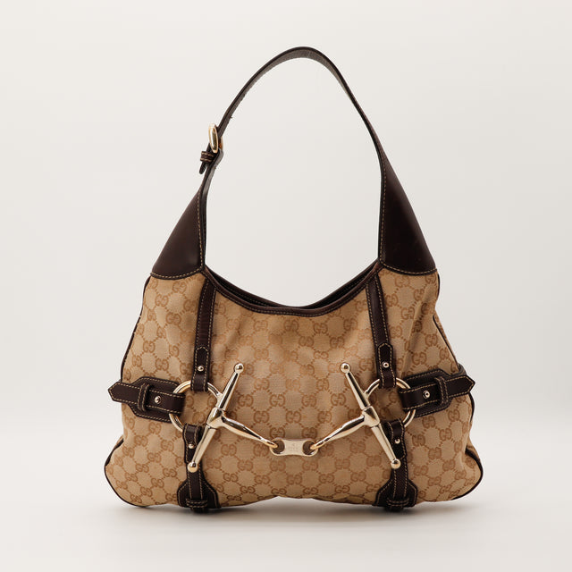 Sac Gucci Hobo 85th Anniversary toile GG Canvas beige cuir marron mors dores vue de face occasion authentique — AMANA Vintage