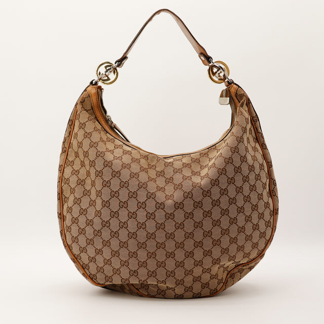 Sac Gucci Hobo GG toile GG Canvas beige cuir caramel vue de face occasion authentique — AMANA Vintage