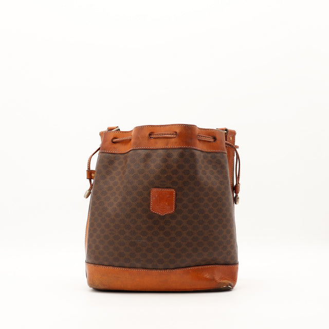 Sac seau Celine Macadam vue de face toile monogrammée cuir naturel marron occasion authentique — AMANA Vintage