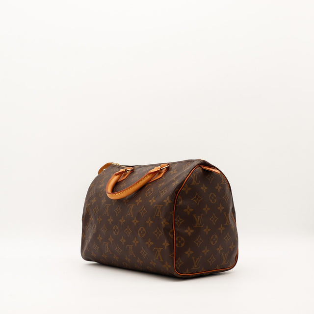 Louis Vuitton Speedy 30 vue de trois quarts angle droit patine caramel — AMANA Vintage
