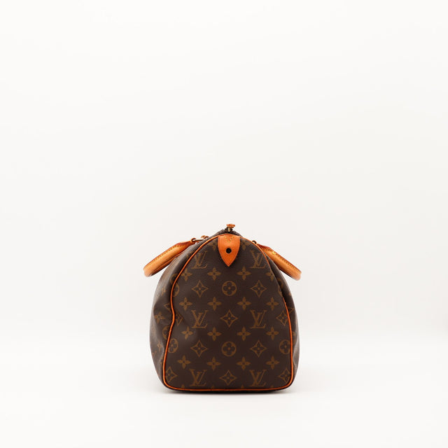 Vue de profil Louis Vuitton Speedy 30 toile Monogram cuir vachette — AMANA Vintage