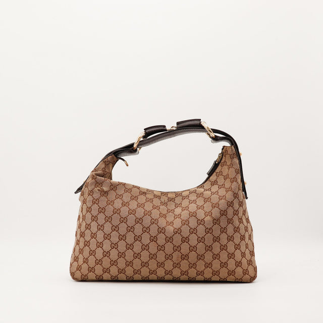 Sac Gucci Hobo Horsebit toile monogrammée marron vue de face occasion authentique — AMANA Vintage