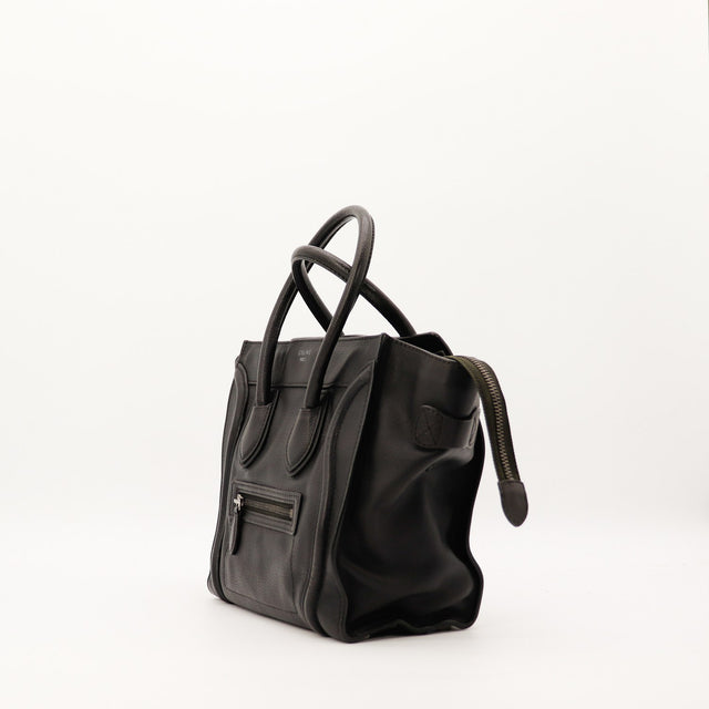 Sac Céline Luggage Micro cuir noir vue de profil occasion authentique — AMANA Vintage