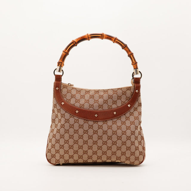 Sac Gucci Hobo Bamboo toile monogrammée vue de face détail occasion authentique — AMANA Vintage