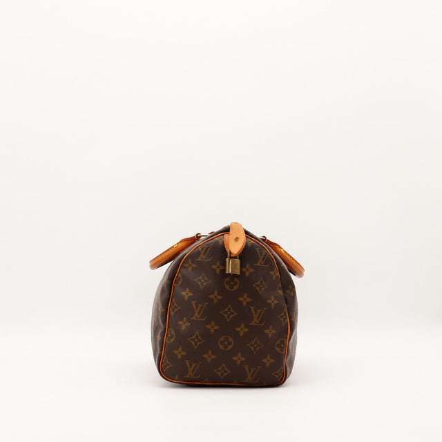 Vue de profil droit Louis Vuitton Speedy 30 avec cadenas LV doré — AMANA Vintage