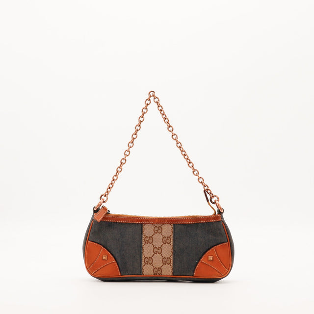 Pochette Gucci denim détail bande monogrammée occasion authentique — AMANA Vintage