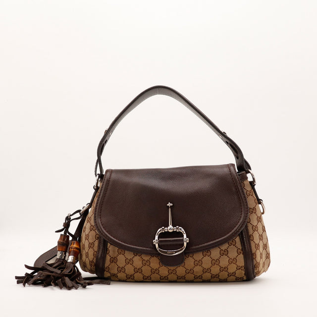 Sac Gucci Hobo Horsebit toile monogrammée et cuir marron vue de face occasion authentique — AMANA Vintage
