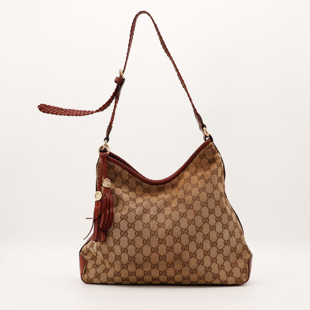 Sac Gucci Hobo toile monogrammée beige bandoulière tressée bordeaux occasion authentique — AMANA Vintage