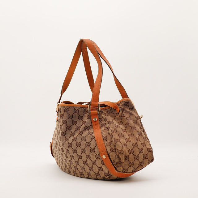 Sac Gucci Tote Bag toile monogrammée vue de trois quarts occasion authentique — AMANA Vintage