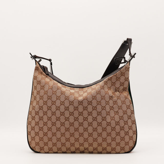 Vue de face Gucci Hobo Web toile monogrammée beige et ébène occasion authentique — AMANA Vintage