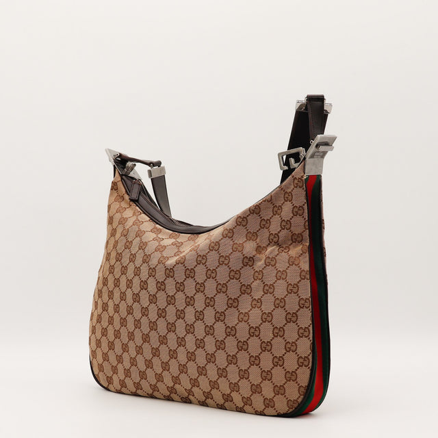 Vue de dos Gucci Hobo Web toile monogrammée beige et ébène occasion authentique — AMANA Vintage