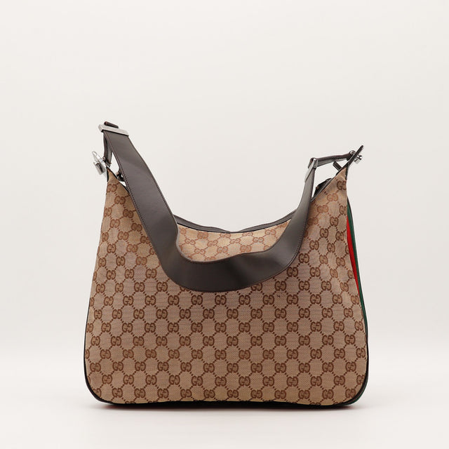 Vue de profil Gucci Hobo Web bande Web verte et rouge occasion authentique — AMANA Vintage