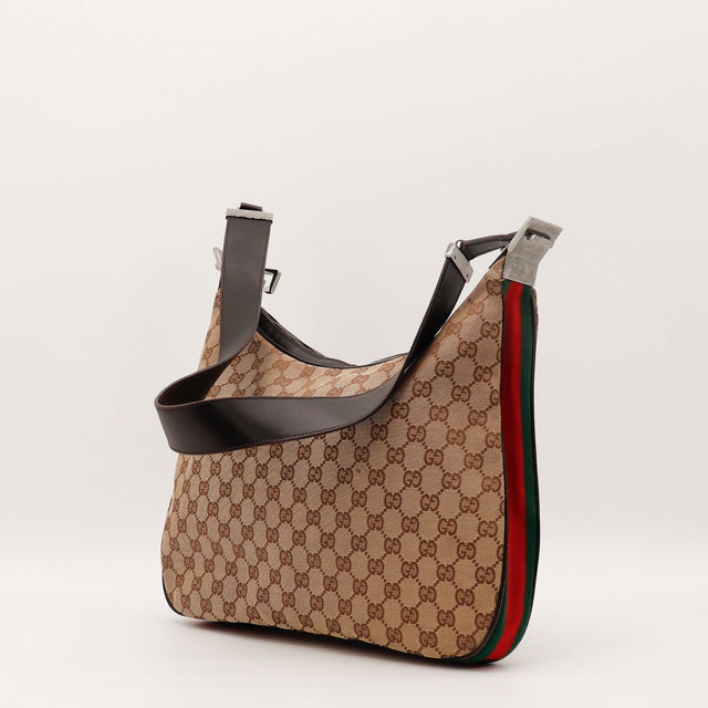 Vue de l'autre profil Gucci Hobo Web bande Web verte et rouge occasion authentique — AMANA Vintage