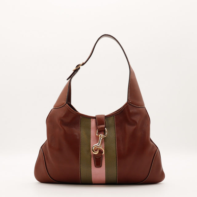 Vue de face Gucci Hobo Web cuir lisse marron cognac occasion authentique — AMANA Vintage