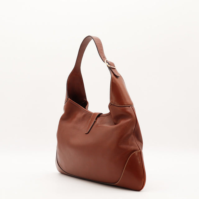 Vue de l'anse Gucci Hobo Web cuir lisse marron cognac occasion authentique — AMANA Vintage