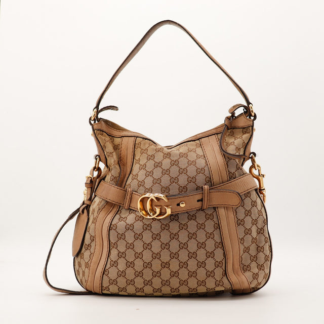 Sac Gucci Hobo GG toile monogrammée beige vue de face occasion authentique — AMANA Vintage