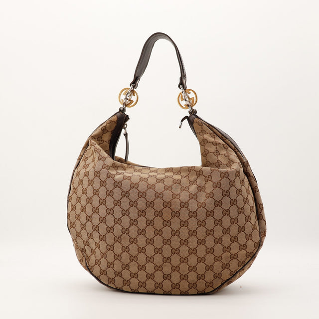 Sac Gucci Hobo Interlocking G toile monogrammée beige vue de face occasion authentique — AMANA Vintage