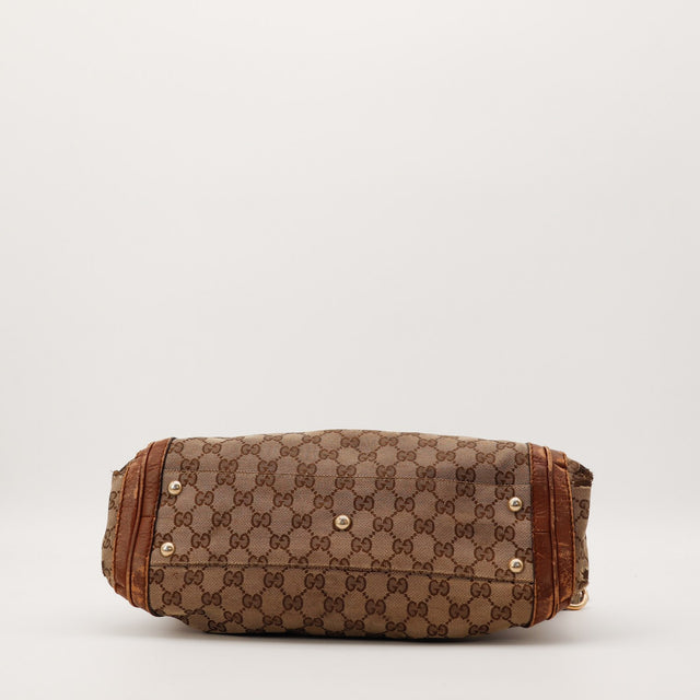 Détail fond Gucci Tote Bag Bamboo toile monogrammée occasion authentique — AMANA Vintage
