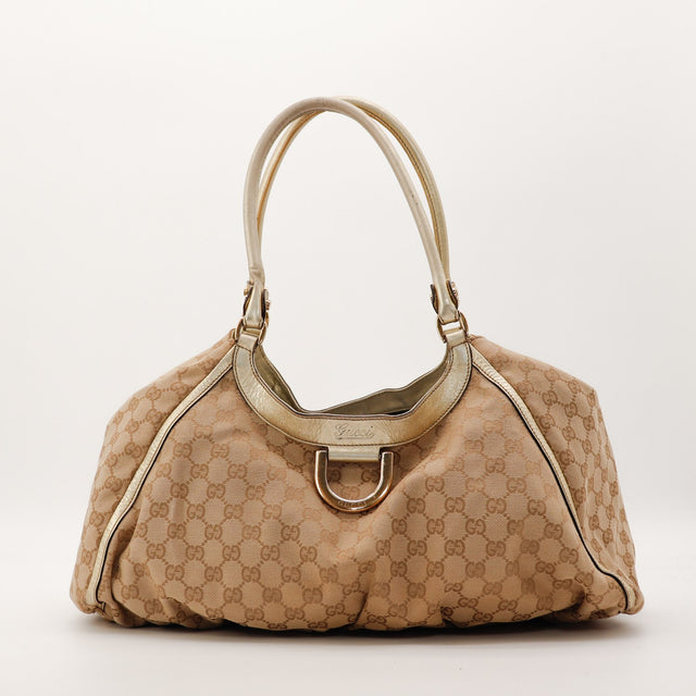 Sac Gucci Hobo toile monogrammée beige et doré vue de face occasion authentique — AMANA Vintage