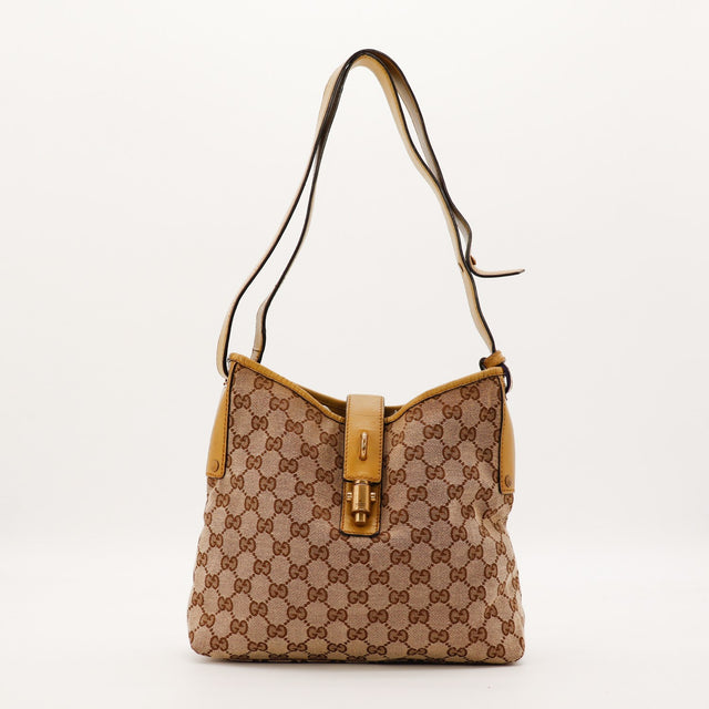 Sac Gucci Hobo Bamboo toile monogrammée beige vue de face occasion authentique — AMANA Vintage
