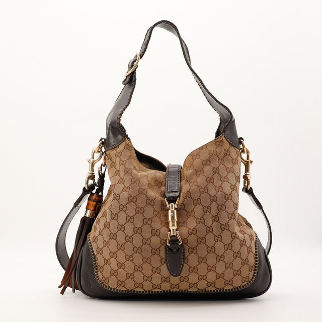 Sac Gucci New Jackie toile monogrammée beige vue de face occasion authentique — AMANA Vintage