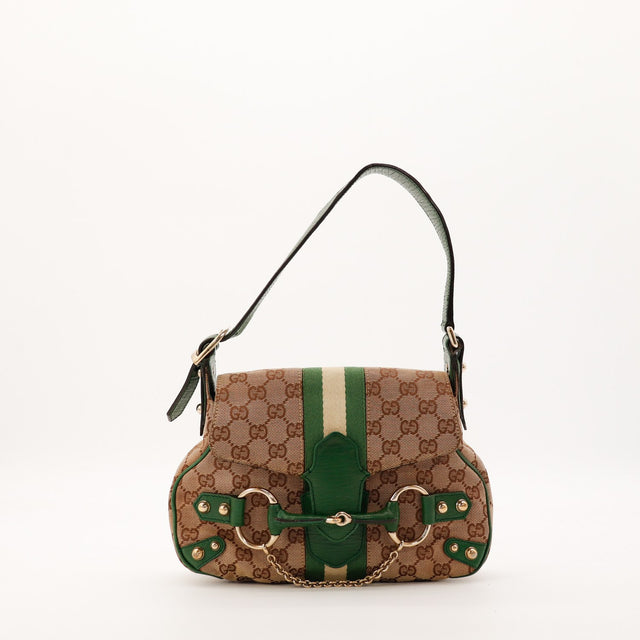 Sac Gucci Hobo Horsebit toile monogrammée bande Web verte vue de face occasion authentique — AMANA Vintage