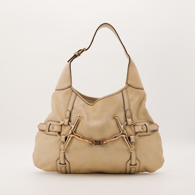 Sac Gucci Hobo Horsebit mors doré cuir beige vue de face occasion authentique — AMANA Vintage