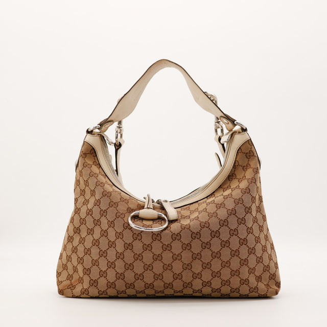 Sac Gucci Hobo Horsebit toile monogrammée beige vue de face occasion authentique — AMANA Vintage