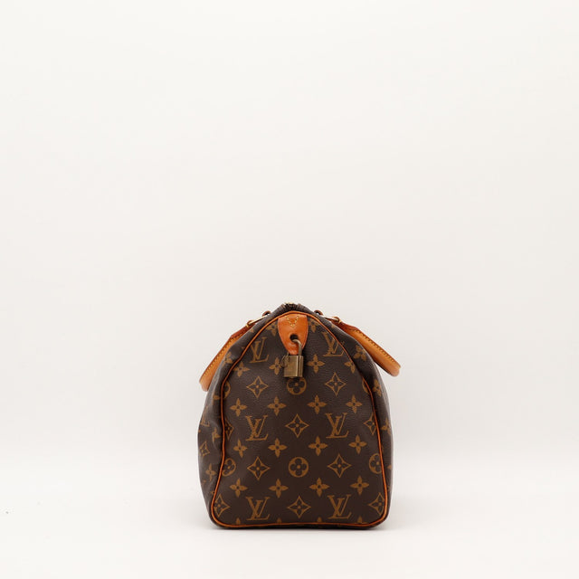 Speedy 30 Louis Vuitton vue de profil côté cadenas Toile Monogram — AMANA Vintage