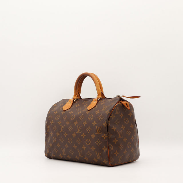 Louis Vuitton Speedy 30 vue de trois quarts toile monogram patine caramel — AMANA Vintage