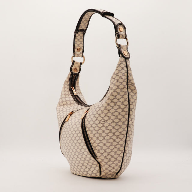 Sac Céline Hobo Macadam vue de trois quarts toile beige occasion authentique — AMANA Vintage