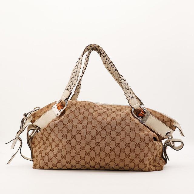 Sac Gucci Hobo Bamboo toile monogrammée et cuir ivoire vue de face occasion authentique — AMANA Vintage