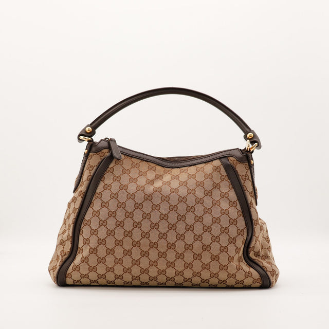 Sac Gucci Hobo toile monogrammée beige vue de face occasion authentique — AMANA Vintage