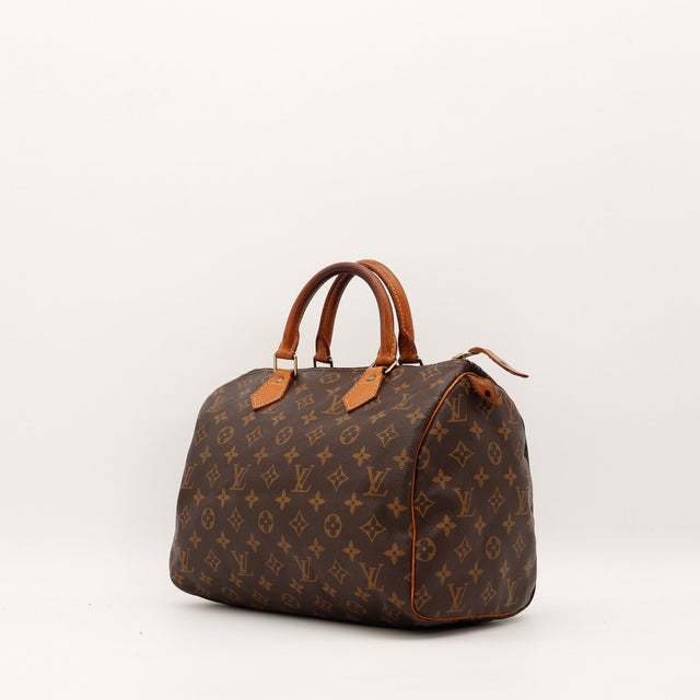Louis Vuitton Speedy 30 vue de trois quarts toile Monogram patine caramel — AMANA Vintage