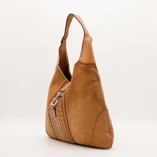 Sac Gucci Jackie daim camel vue de profil occasion authentique — AMANA Vintage