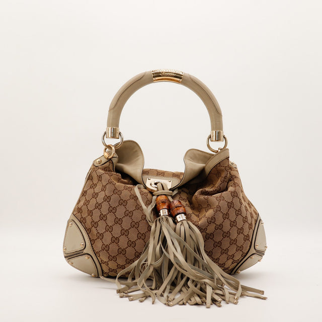 Sac Gucci Indy Hobo toile monogrammée beige franges vue de face occasion authentique — AMANA Vintage