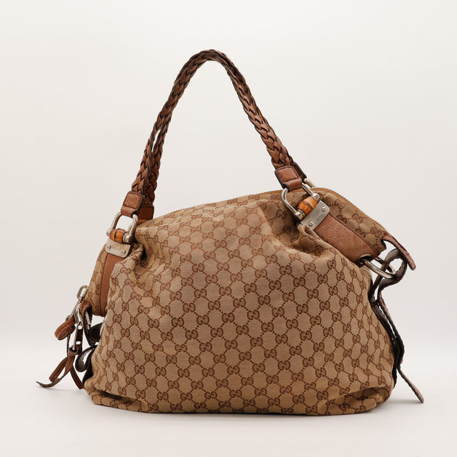 Sac Gucci Hobo Bamboo vue trois quarts toile GG occasion authentique — AMANA Vintage