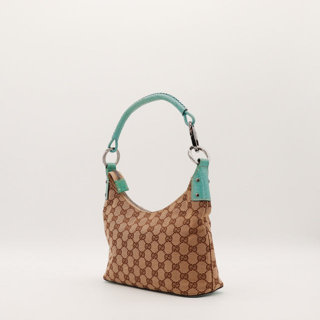 Hobo Gucci toile monogrammée cuir turquoise vue de profil arrière occasion — AMANA Vintage