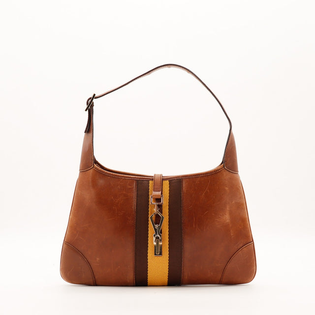 Sac Gucci Hobo Web cuir lisse marron bande Web ocre vue de face occasion authentique — AMANA Vintage
