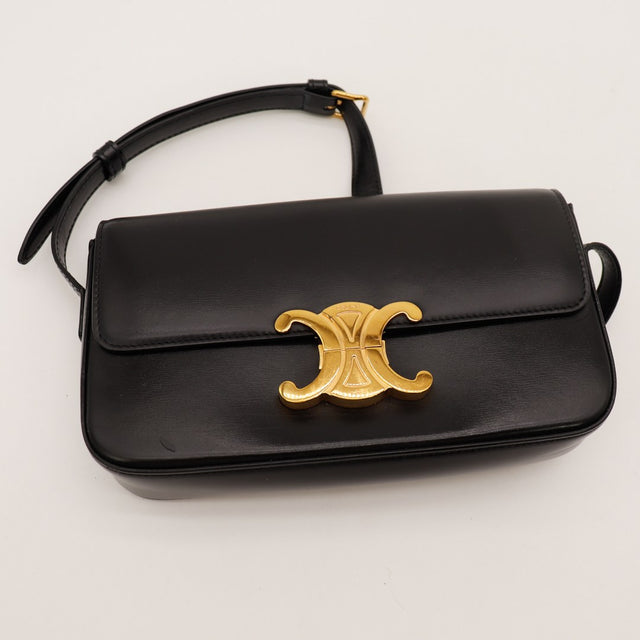 Sac Céline Triomphe Classique cuir noir bandoulière vue de dessus occasion authentique — AMANA Vintage